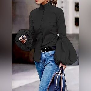 Chic Mock Neck Blouse - Front Button Detail, Long Sleeves, Elegant Casual Top